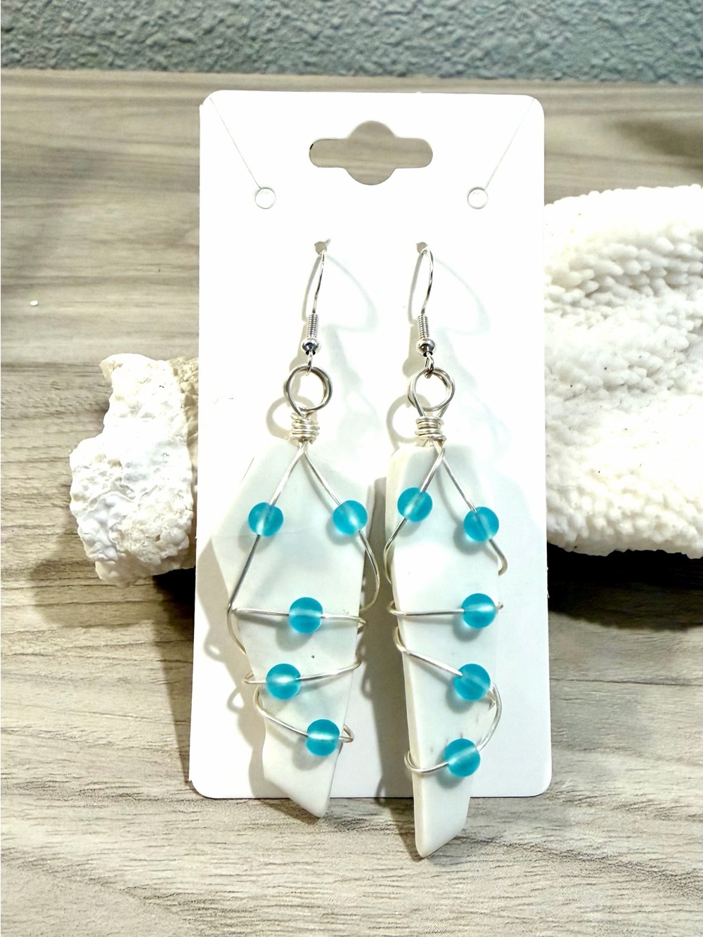 97. Handmade Blue sea glass Bead & White Sea Glass Dangle Earrings